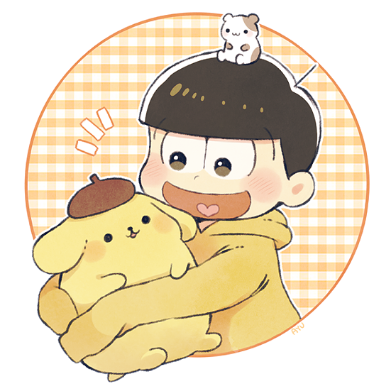 10s, 1boy, :d, animal, animal_on_head, ayu_(mog), bad_id, bad_pixiv_id, brown_eyes, brown_hair, checkered_background, crossover, dog, hamster, heart, heart_in_mouth, hood, hoodie, long_sleeves, male_focus, matsuno_jyushimatsu, muffin_(sanrio), on_head, open_mouth, osomatsu-kun, osomatsu-san, osomatsu_(series), pompompurin, sanrio, sleeves_past_wrists, smile