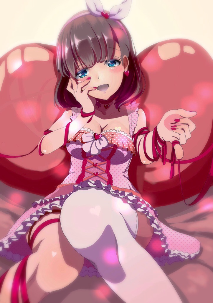 10s, 1girl, blue_eyes, blush, breasts, brown_hair, dress, female_focus, hairband, heart, heart-shaped_pupils, idolmaster, idolmaster_cinderella_girls, looking_at_viewer, open_mouth, red_ribbon, ribbon, sakuma_mayu, short_hair, single_thighhigh, smile, solo, symbol-shaped_pupils, thighhighs, white_thighhighs, zielgigas