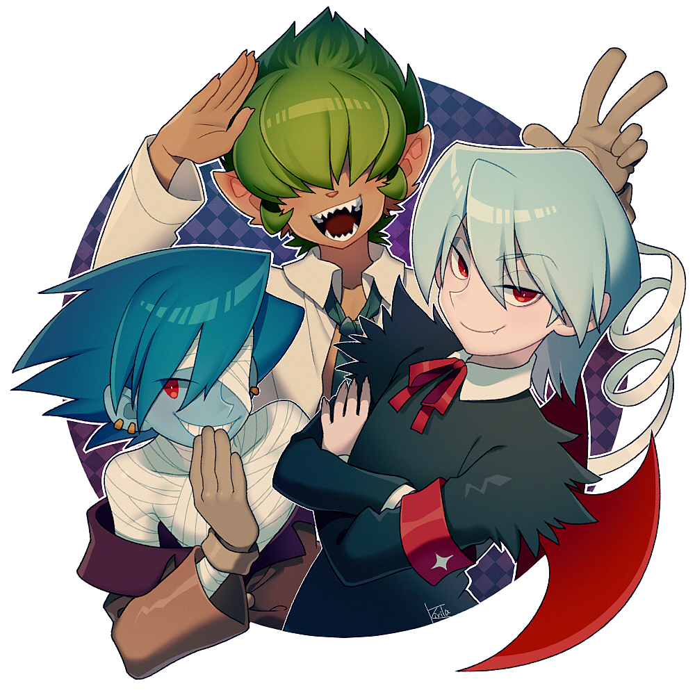3boys, aqua_hair, armband, ash_(pop'n_music), bandage_over_one_eye, bandages, bemani, blue_hair, blue_skin, brown_gloves, bunny_ears_prank, circle, coat, colored_skin, covering_own_mouth, crossed_arms, dark-skinned_male, dark_skin, dress_shirt, earrings, fang, gloves, green_hair, hair_over_eyes, hand_over_own_mouth, jewelry, kiri_futoshi, laughing, looking_at_viewer, loose_necktie, male_focus, monster_boy, multiple_boys, necktie, off_shoulder, open_clothes, open_shirt, pop'n_music, red_eyes, salute, sharp_teeth, shirt, smile_(pop'n_music), teeth, vampire, werewolf, wings, yuli_(pop'n_music)