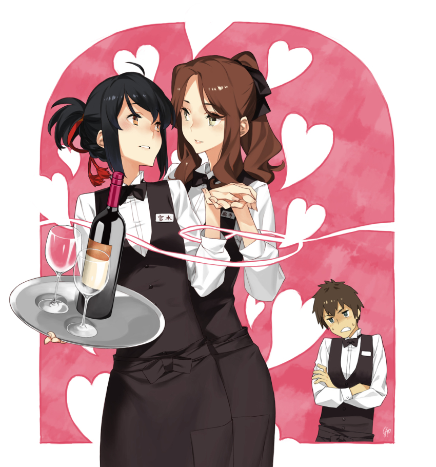 10s, 1boy, 2girls, 92m, black_dress, black_hair, blue_eyes, blush