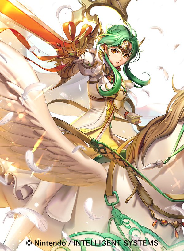 1girl, aozi_seizi, armor, brown_eyes, cape, copyright_name, elbow_gloves, elincia_ridell_crimea, feathers, female_focus, fire_emblem, fire_emblem:_path_of_radiance, fire_emblem_cipher, gloves, green_hair, hair_bun, hair_up, holding, holding_weapon, image_sample, nintendo, official_art, pauldrons, pegasus, pegasus_knight_uniform_(fire_emblem), shoulder_armor, solo, sword, tiara, weapon, wings