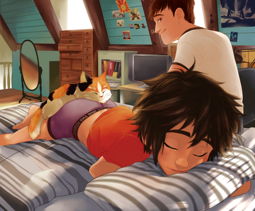 2boys, ass, bed, bedroom, big_hero_6, black_hair, boxer_briefs, brothers, cat, child, disney, family, head_on_ass, hiro_hamada, male_focus, male_underwear, mochi_(big_hero_6), multiple_boys, pillow, purple_boxer_briefs, siblings, sleeping, smile, tadashi_hamada, tagme, underwear