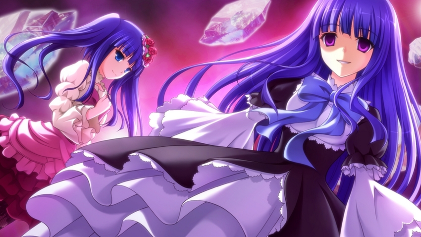 2girls, artist_request, blue_eyes, blue_hair, blunt_bangs, bow, dress, flower