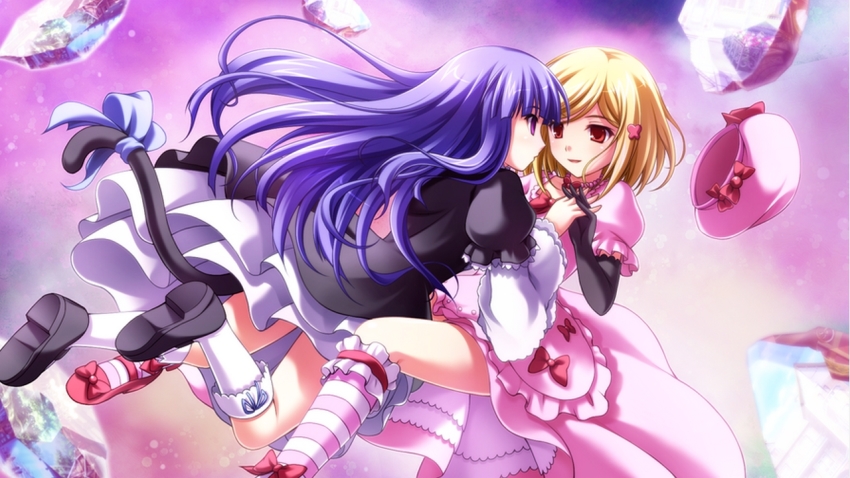 2girls, artist_request, beret, blonde_hair, blue_hair, blunt_bangs, bow, cat_tail