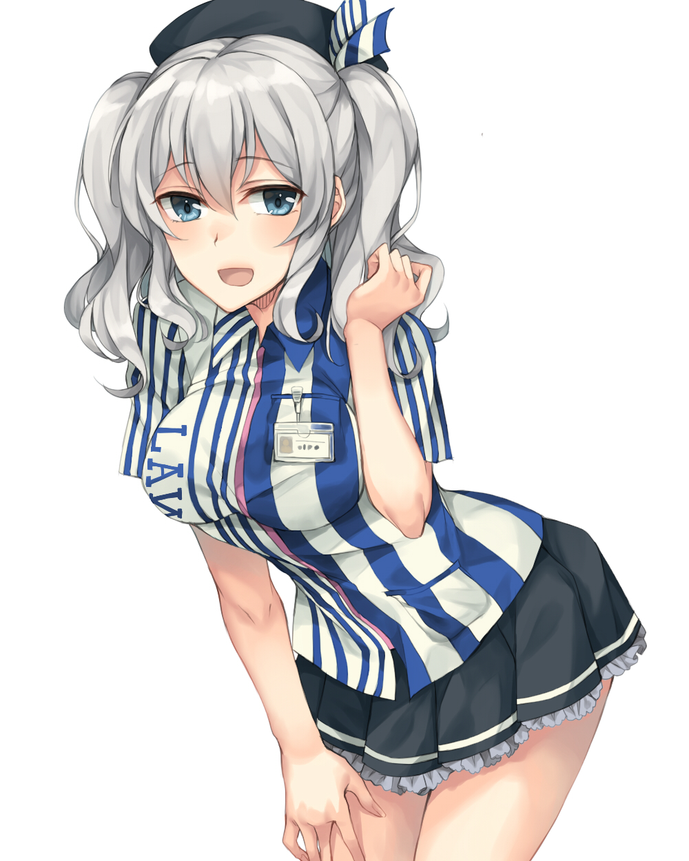 10s, 1girl, :d, bare_legs, beret, black_skirt, blue_eyes, breasts