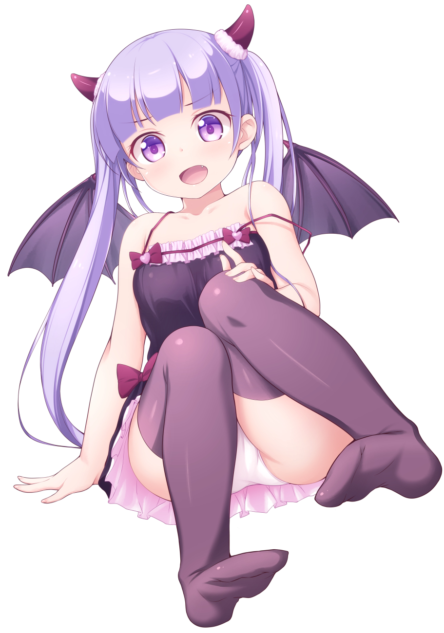 10s, 1girl, :d, arm_support, blush, breasts, demon_girl, demon_horns