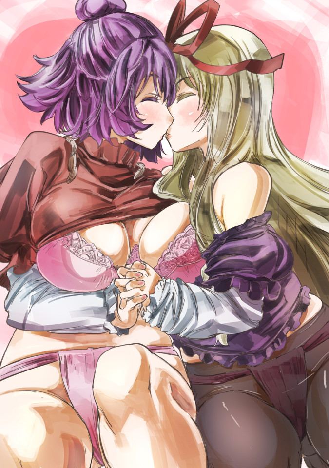 2girls, blonde_hair, blouse, bra, breasts, closed_eyes, clothes_lift, frilled_shirt