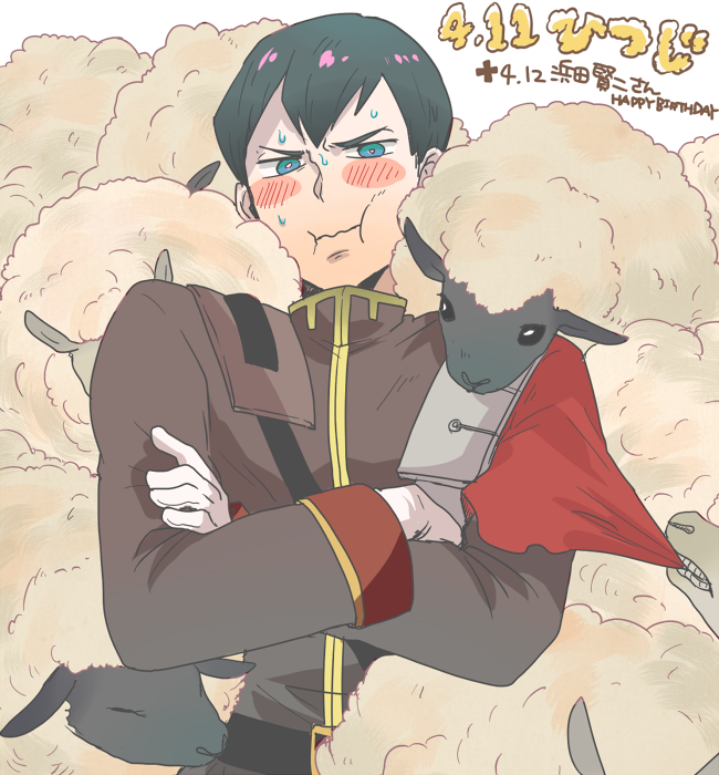 1boy, :i, bad_id, bad_pixiv_id, black_hair, blue_eyes, blush, crossed_arms