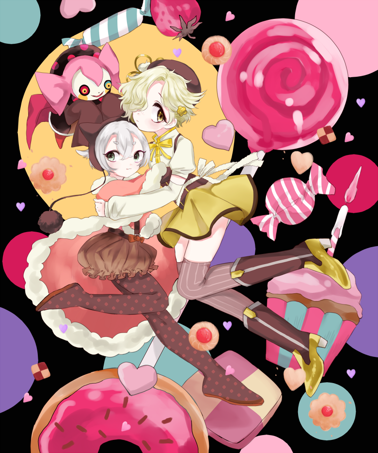 10s, 2boys, beret, blonde_hair, boots, candy, charlotte_(madoka_magica), cookie