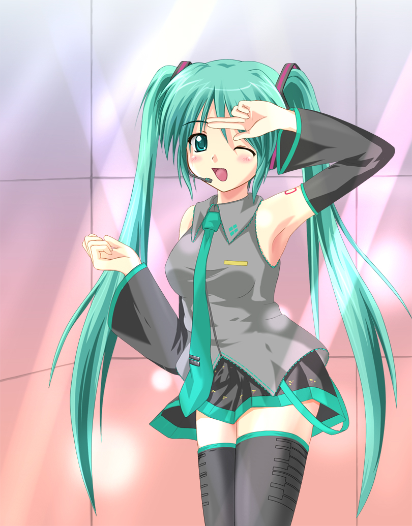 1girl, detached_sleeves, female_focus, green_eyes, green_hair, hatsune_miku, headset, koni