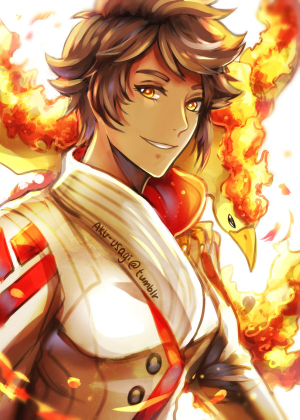 10s, 1girl, aku-usagi, candela_(pokemon), coat, dark_skin, fire, gen_1_pokemon, legendary_pokemon, looking_at_viewer, moltres, nintendo, on_shoulder, pokemon, pokemon_(creature), pokemon_go, simple_background, smile, tumblr_username, upper_body, white_background, yellow_eyes