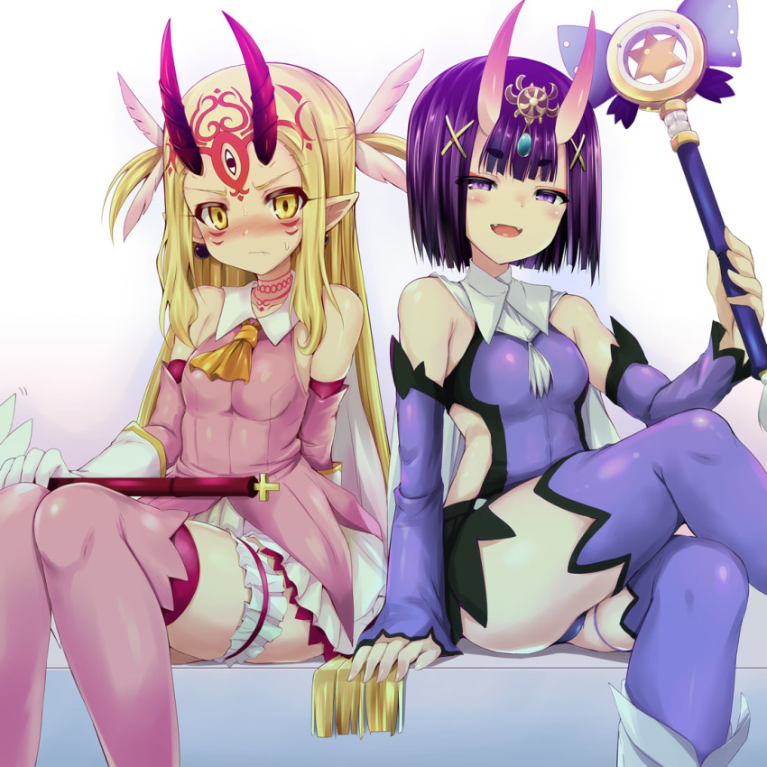 2girls, blonde_hair, blue_dress, blue_thighhighs, blush, boots, commentary_request, cosplay, crossed_legs, detached_sleeves, dress, elbow_gloves, facial_mark, fang, fang_out, fangs, fate/grand_order, fate/kaleid_liner_prisma_illya, fate_(series), feather_hair_ornament, feathers, frilled_thigh_strap, gloves, hair_ornament, holding, holding_wand, horns, ibaraki_douji_(fate), illyasviel_von_einzbern, illyasviel_von_einzbern_(cosplay), jewelry, kaleidostick, long_hair, looking_at_viewer, magical_girl, magical_ruby, magical_sapphire, miyu_edelfelt, miyu_edelfelt_(cosplay), miyu_edelfelt_(magical_girl), multiple_girls, oni, open_mouth, pink_boots, pink_dress, pink_legwear, pointy_ears, prisma_illya, prisma_illya_(cosplay), purple_eyes, purple_hair, sen_(astronomy), short_hair, shuten_douji_(fate), sitting, skin-covered_horns, sleeveless, sleeveless_dress, smile, tattoo, thigh_strap, thighhighs, twintails, wand, yellow_eyes