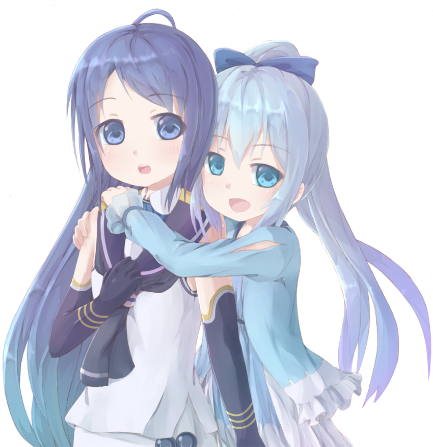 10s, 2girls, :d, :o, blue_bow, blue_eyes, blue_hair, blush