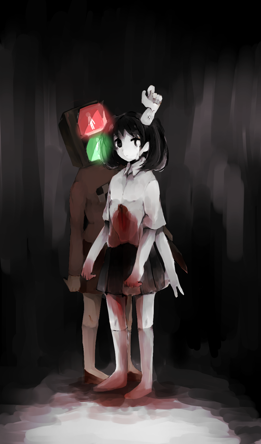 2girls, black_hair, blood, blood_on_clothes, chomachi, collared_shirt, extra_arms, highres