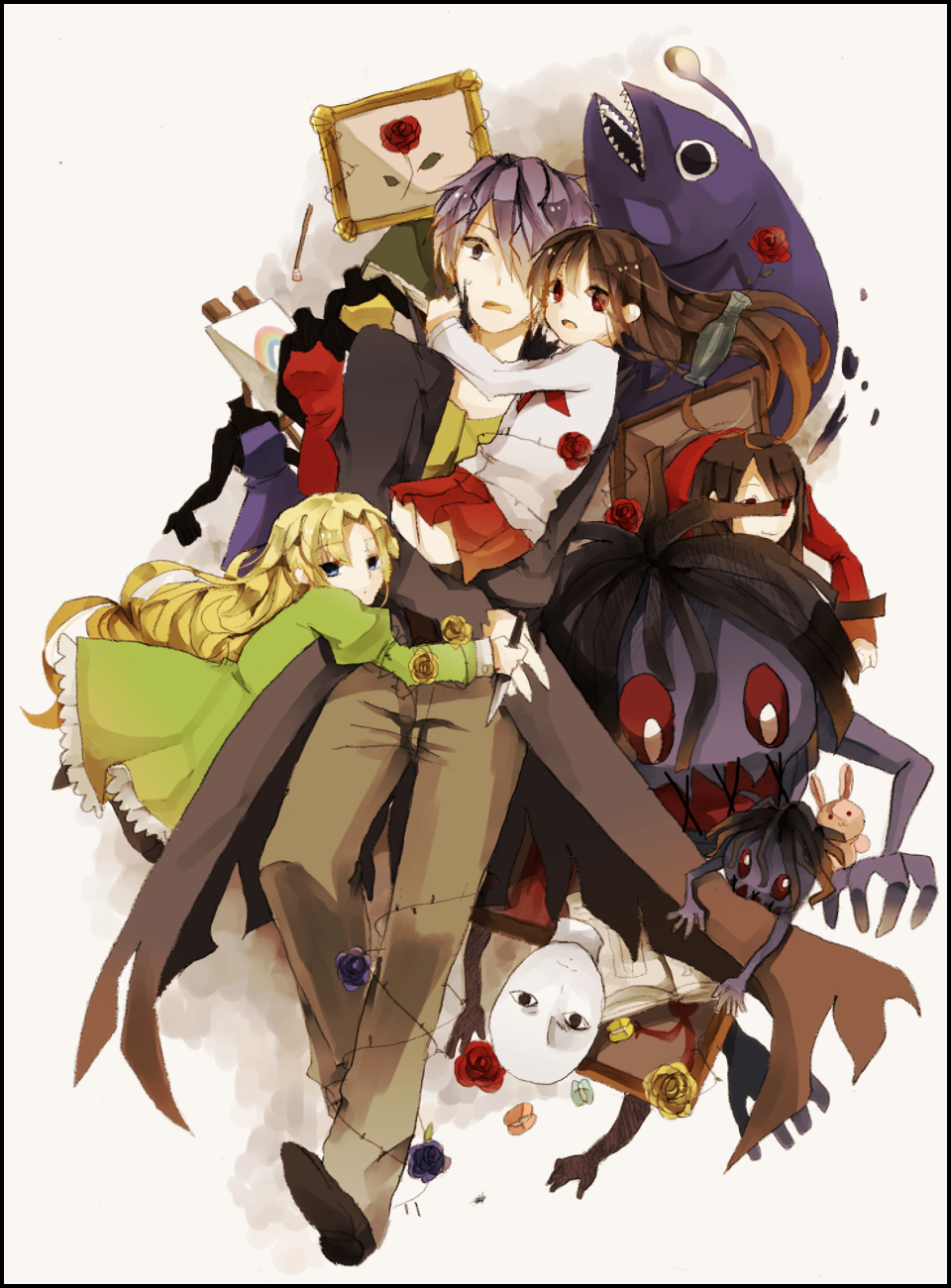 1boy, 2girls, blonde_hair, blue_flower, blue_rose, book, brown_hair, carrying