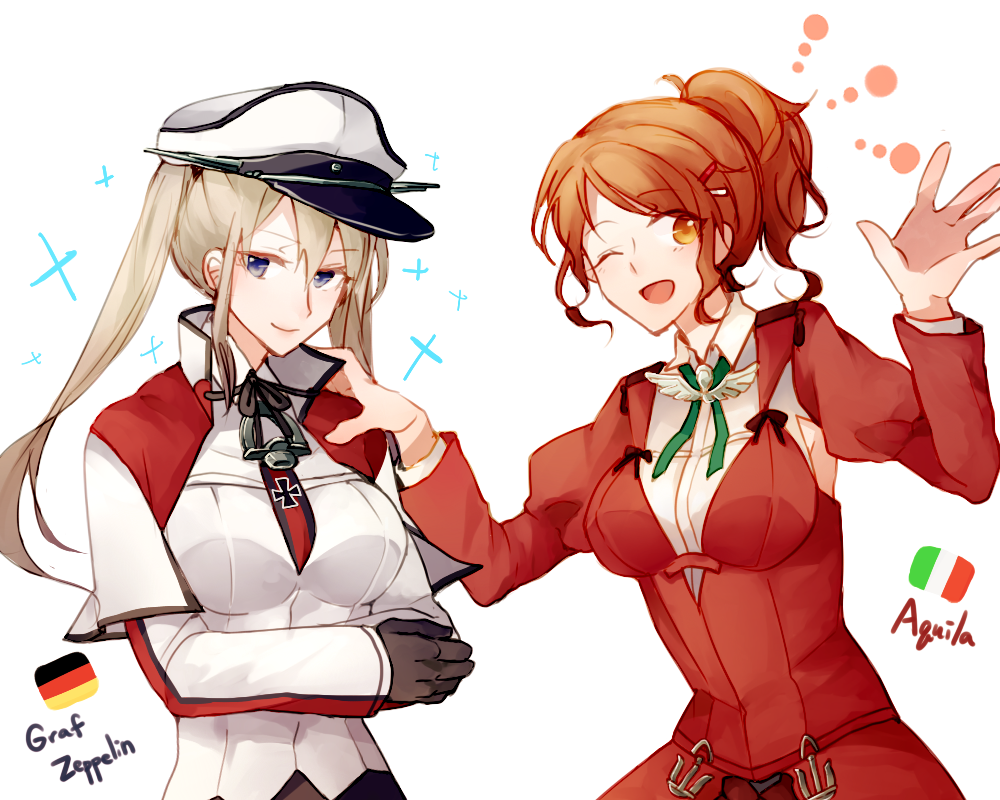 10s, 2girls, ;d, aquila_(kancolle), blonde_hair, brown_hair, character_name, flag, german_flag, gloves, graf_zeppelin_(kancolle), grey_eyes, hair_between_eyes, hat, high_ponytail, italian_flag, kantai_collection, long_hair, military, military_hat, military_uniform, multiple_girls, nan_(nanyayyay), one_eye_closed, open_mouth, peaked_cap, ponytail, sidelocks, smile, twintails, waving, wavy_hair, yellow_eyes