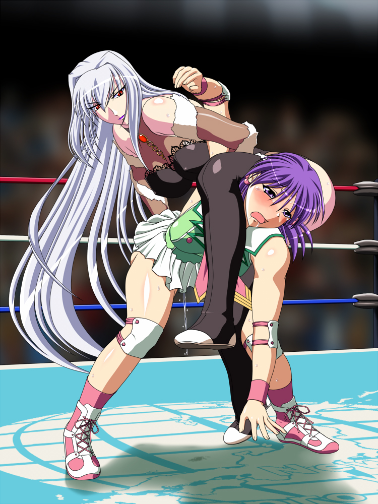 2girls, blush, boots, breasts, covered_erect_nipples, elbow_pads, freia_kagami, gloves