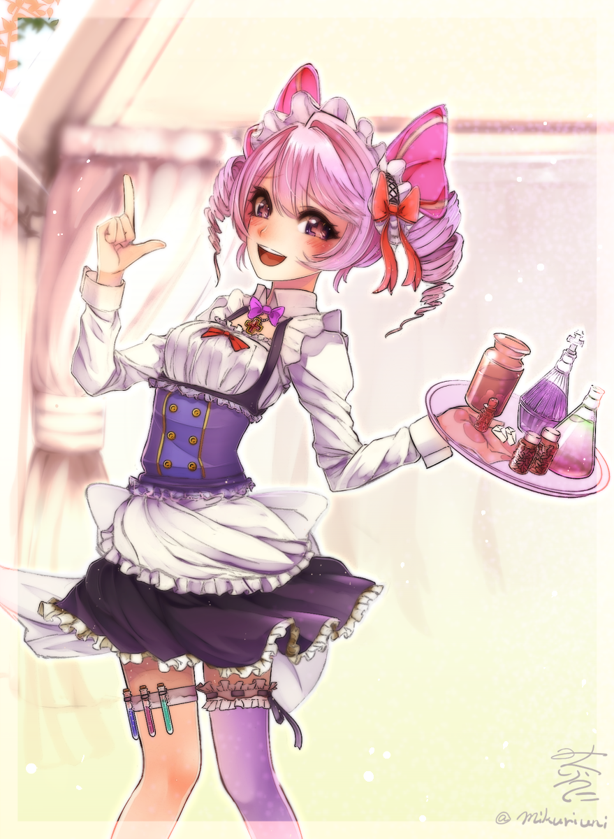 +_+, 1girl, alternate_costume, apron, blush, drill_hair, enmaided, female_focus
