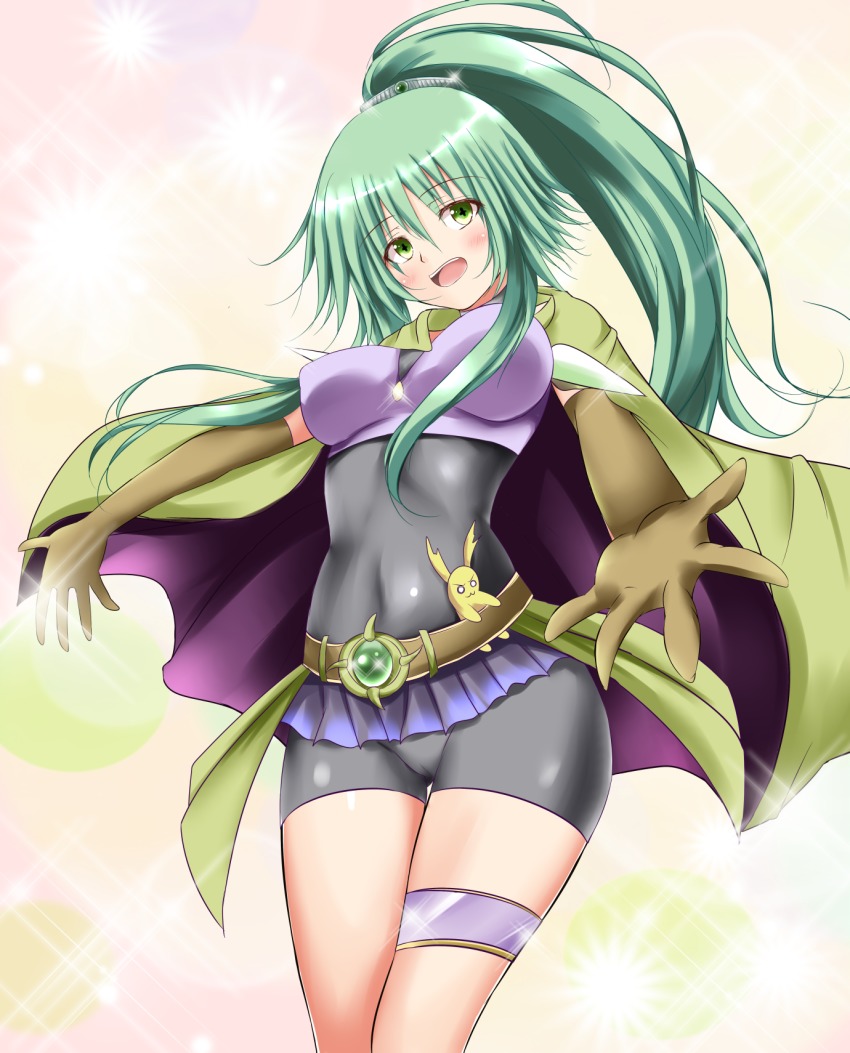 1girl, andrew_(duel_angel), bike_shorts, blush, breasts, cameltoe, duel_monster, elbow_gloves, female_focus, gloves, green_eyes, green_hair, hair_ornament, highres, long_hair, matching_hair/eyes, microskirt, open_mouth, ponytail, skirt, solo, spiritual_beast_tamer_winda, symbol-shaped_pupils, winda_(yu-gi-oh!), winda_priestess_of_gusto, yu-gi-oh!