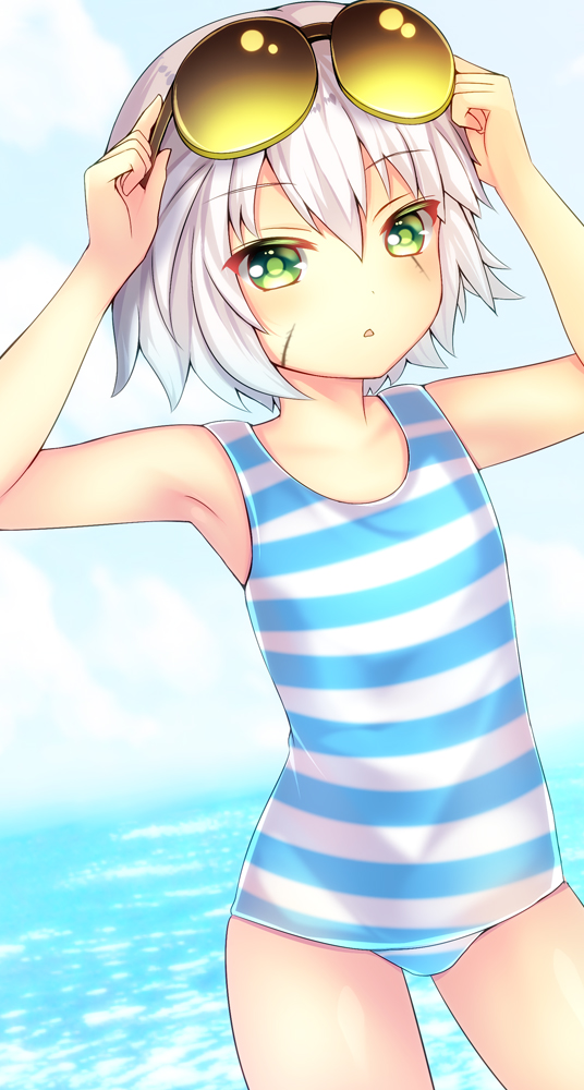 1girl, :o, adjusting_eyewear, armpits, blue_one-piece_swimsuit, blush, casual_one-piece_swimsuit, chestnut_mouth, cloud, colored_eyelashes, cowboy_shot, day, eyebrows, eyewear_on_head, facial_scar, fate/apocrypha, fate/grand_order, fate_(series), female_focus, flat_chest, glasses, green_eyes, hair_between_eyes, hands_up, jack_the_ripper_(chaldea_lifesavers)_(fate), jack_the_ripper_(fate/apocrypha), looking_at_viewer, ocean, one-piece_swimsuit, outdoors, parted_bangs, saotome_mirai, scar, scar_on_cheek, scar_on_face, short_hair, sky, solo, standing, striped_clothes, striped_one-piece_swimsuit, sunglasses, surprised, swimsuit, water, white_hair, white_one-piece_swimsuit