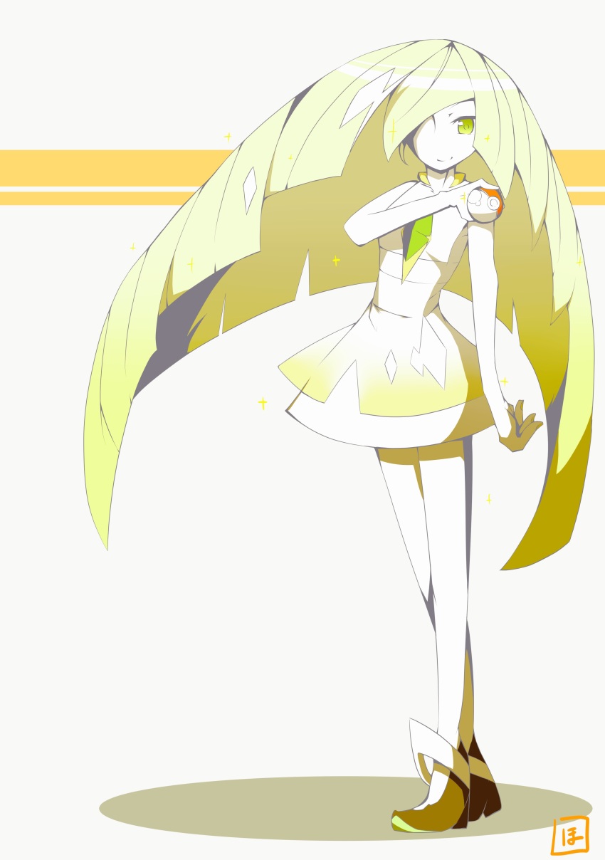 10s, 1girl, absurdres, blonde_hair, dress, female_focus, full_body, green_eyes, hair_over_one_eye, highres, holding, holding_poke_ball, homaru_sangou, long_hair, lusamine_(pokemon), nintendo, poke_ball, pokemon, pokemon_sun_and_moon, shadow, short_dress, simple_background, sleeveless, sleeveless_dress, solo, very_long_hair