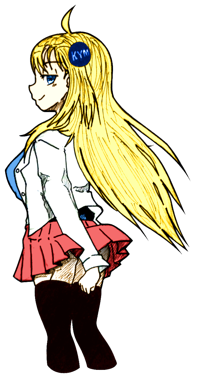 1girl, ahoge, badge, blonde_hair, blue_eyes, female_focus, highres, kym-tan, long_hair, original, panties, personification, pink_skirt, shirt, shrusxaiken, simple_background, sketch, skirt, smirk, solo, thighhighs, underwear, white_background, white_panties, white_shirt