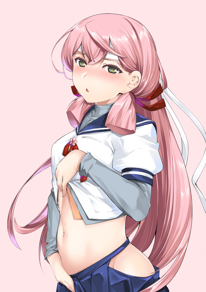10s, 1girl, akashi_(kancolle), bandana, blue_skirt, blush, clothes_lift, clothing_cutout