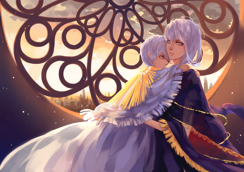 2boys, aldrich_devourer_of_gods, androgynous, backlighting, building, capelet, character_request, cityscape