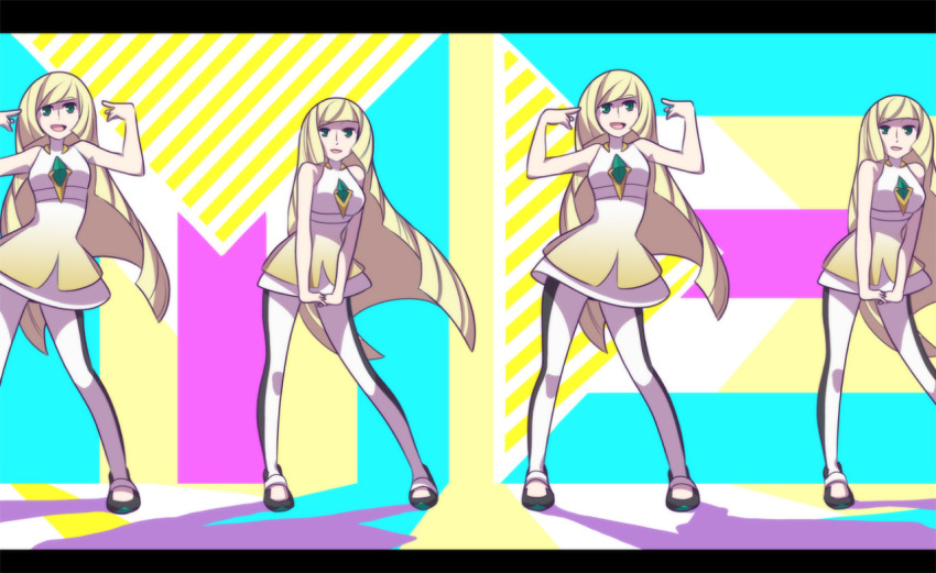 1girl, bare_arms, bare_shoulders, black_leggings, blonde_hair, crystal, dancing, dress, female_focus, green_eyes, high_heels, leggings, letterboxed, long_hair, lusamine_(pokemon), mary_cagle, mature_female, me!me!me!, multicolored_dress, nintendo, open_mouth, parody, pointing, pointing_at_self, pokemon, pokemon_sun_and_moon, short_dress, sleeveless, sleeveless_dress, smile, solo, very_long_hair, white_leggings