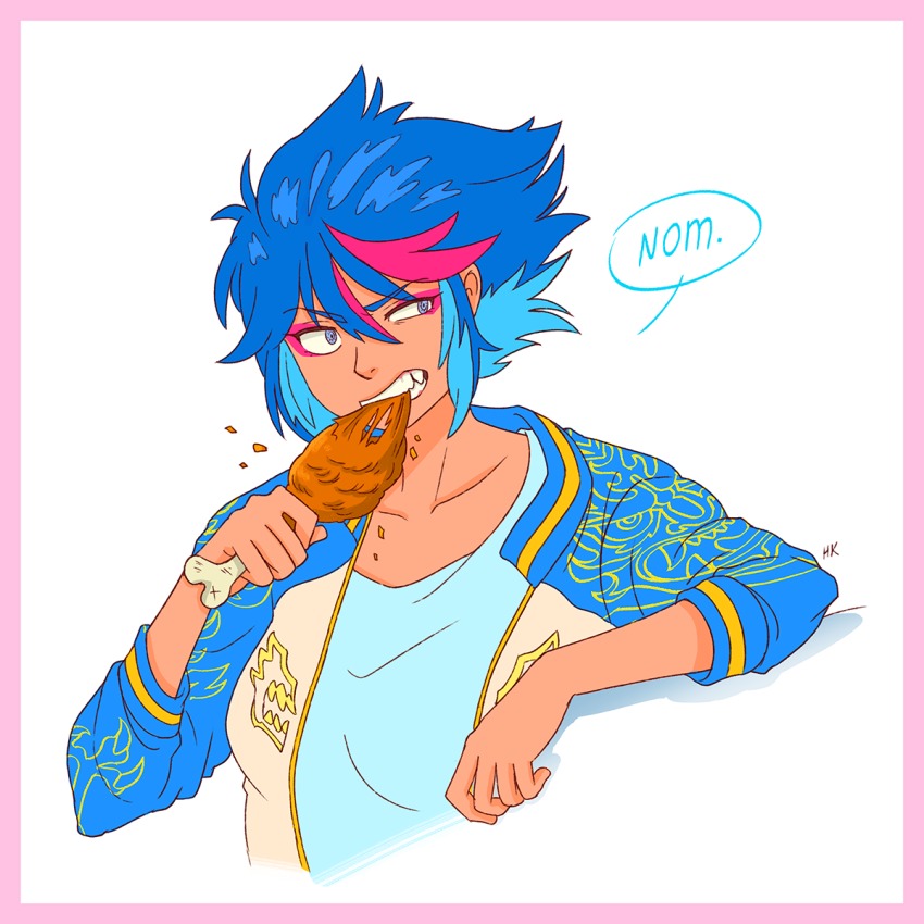 10s, 1girl, alternate_costume, alternate_hairstyle, biting, blue_eyes, chicken_(food), chicken_leg