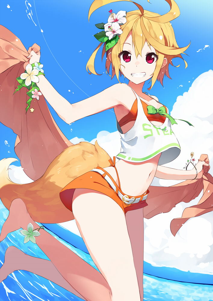 1girl, ahoge, anklet, barefoot, bikini, bikini_shorts, bikini_top_only, blonde_hair