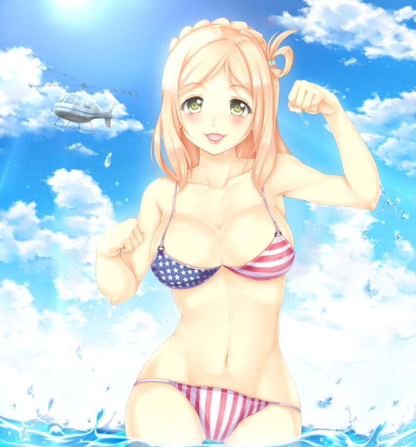 10s, 1girl, aircraft, american_flag, american_flag_bikini, american_flag_print, bikini, blonde_hair, blush, braid, breasts, cleavage, cloud, day, female_focus, flag_print, flag_print_bikini, green_eyes, hair_rings, helicopter, highres, lips, long_hair, looking_at_viewer, love_live!, love_live!_sunshine!!, navel, ohara_mari, open_mouth, paw_pose, print_bikini, rock.fc, single_hair_ring, smile, soaking_feet, solo, standing, swimsuit, wading, water, yellow_eyes