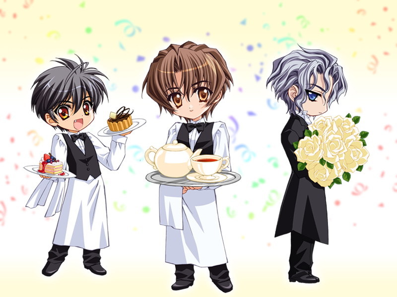 3boys, apron, black_hair, blue_eyes, bouquet, bow, bowtie, brown_eyes