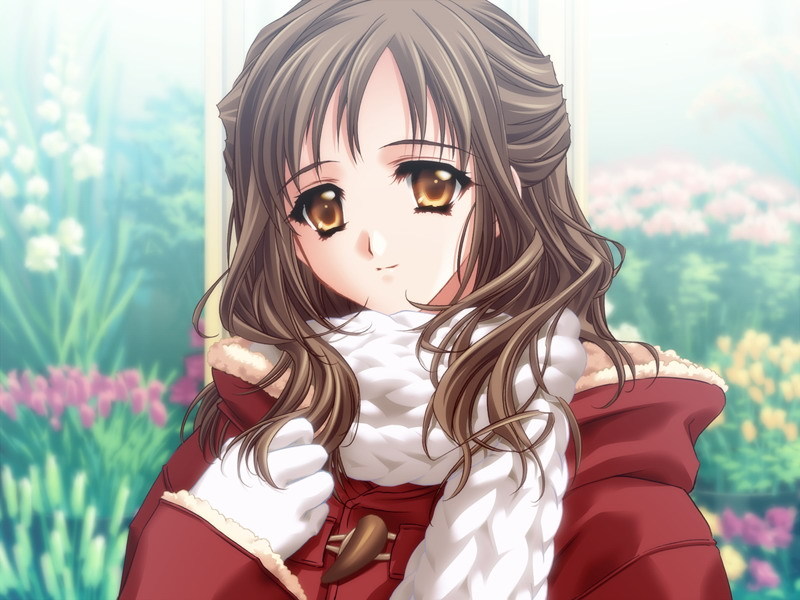 1girl, brown_eyes, brown_hair, carnelian, coat, female_focus, flower, game_cg