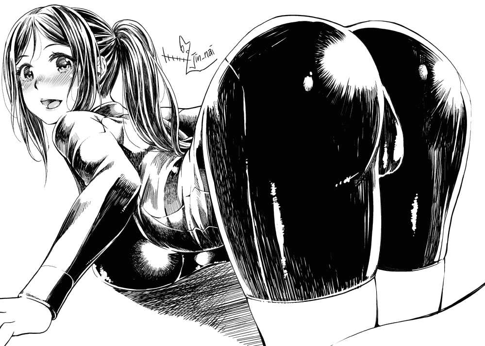 10s, 1girl, all_fours, artist_name, ass, blush, bodysuit, breast_press