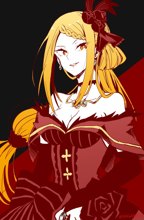 10s, 1girl, bad_id, bad_twitter_id, black_background, blonde_hair, bow, braid