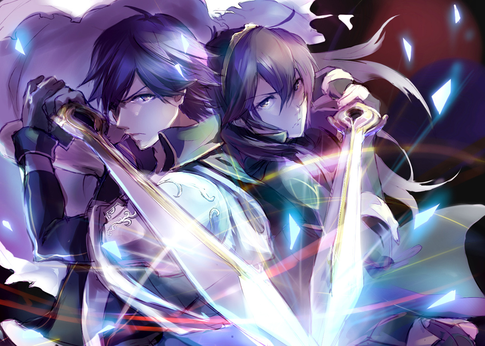 1boy, 1girl, armor, bad_id, bad_pixiv_id, blue_hair, cape, chrom_(fire_emblem)