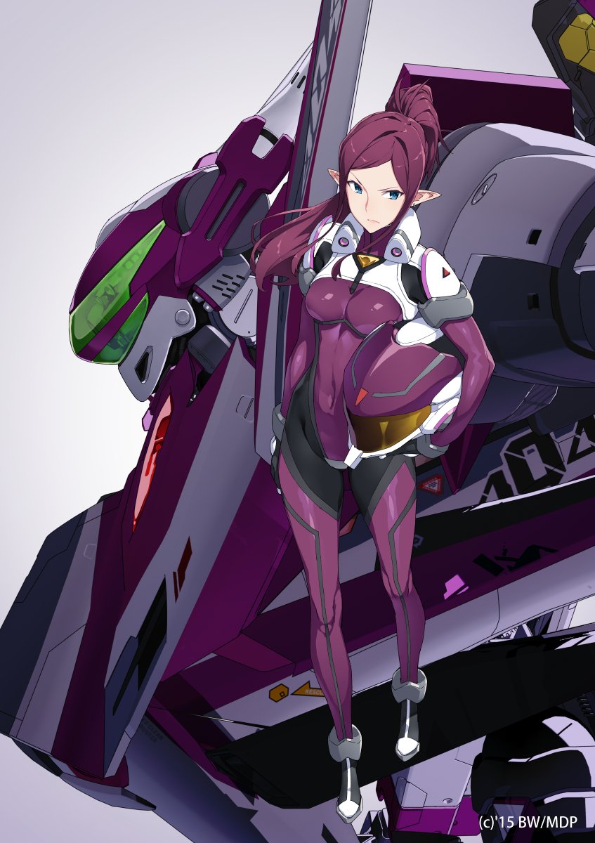 10s, 1girl, 2015, bodysuit, copyright_notice, covered_navel, earrings, female_focus, green_eyes, head, helmet, highres, jewelry, looking_at_viewer, macross, macross_delta, mecha, mirage_farina_jenius, pilot_suit, pointy_ears, ponytail, purple_bodysuit, purple_hair, robot, science_fiction, serious, skin_tight, solo, spacesuit, tatsuwo, unworn_headwear, unworn_helmet, vf-31, vf-31_siegfried, vf-31c, watermark