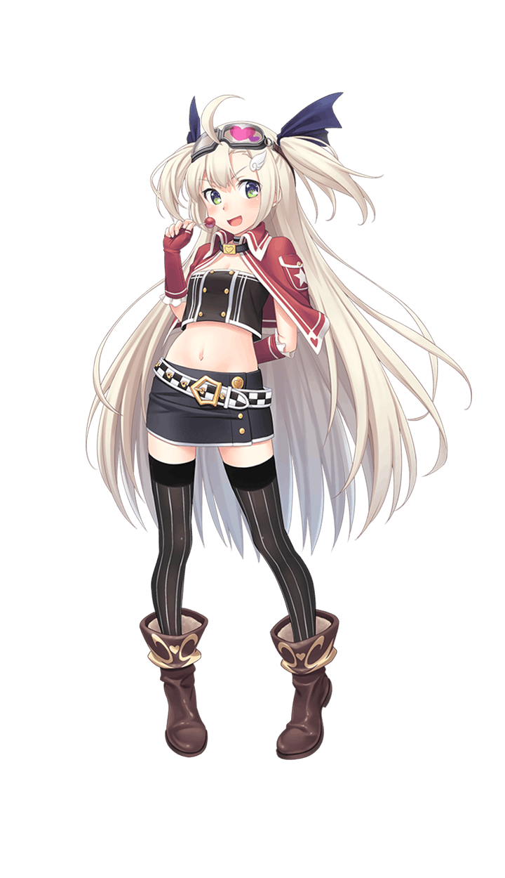 ahoge, arm_behind_back, black_thighhighs, blonde_hair, boots, breasts, brown_boots, candy, cleavage, fingerless_gloves, food, formation_girls, full_body, gloves, google_glass, green_eyes, highres, lollipop, long_hair, looking_at_viewer, miniskirt, navel, official_art, olga_hodrewa, open_mouth, pencil_skirt, pinstripe_legwear, pinstripe_pattern, ribbon, skirt, solo, standing, striped_clothes, striped_thighhighs, tenkuu_nozora, thighhighs, transparent_background, vertical-striped_clothes, vertical-striped_thighhighs