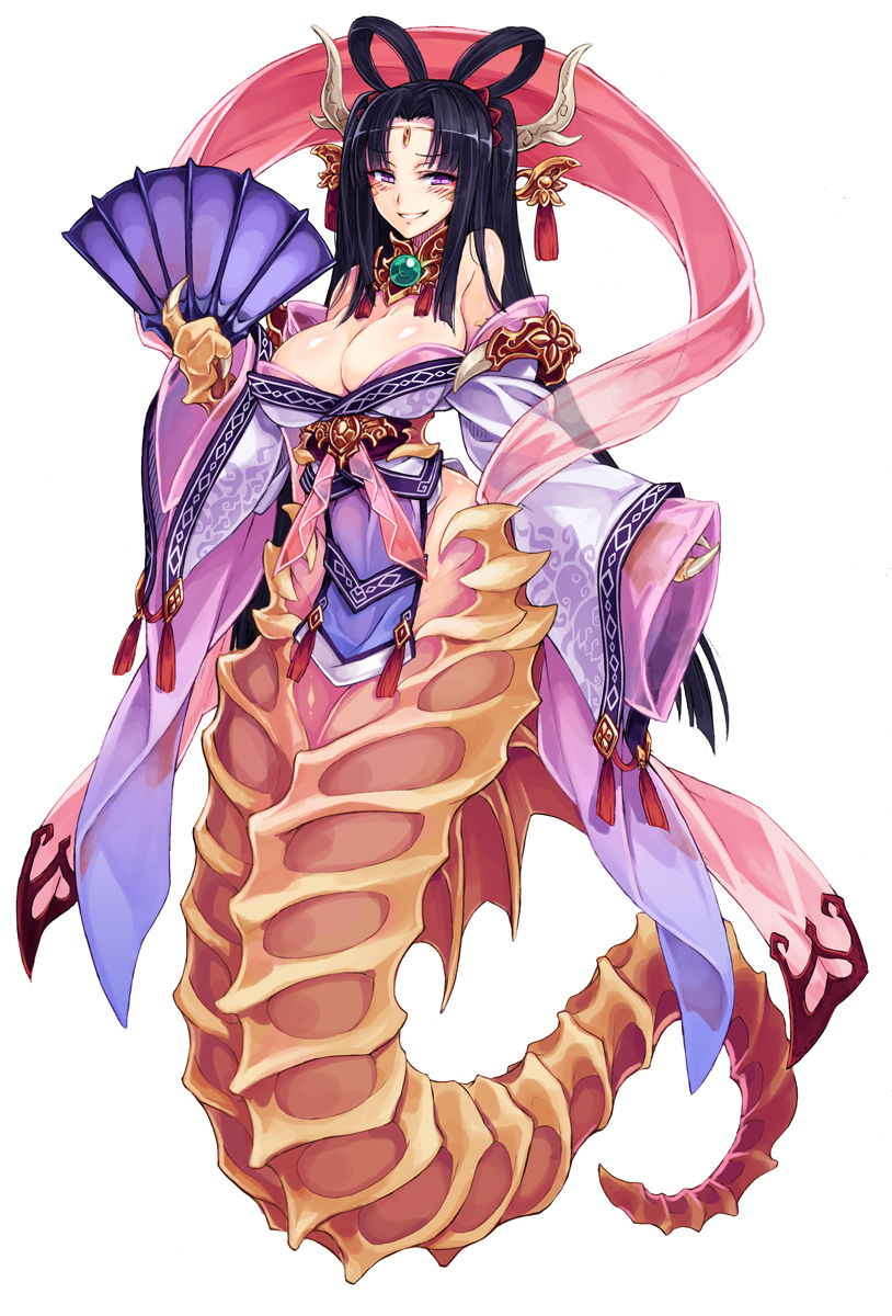 1girl, animal_hands, bare_shoulders, black_hair, blush, bone, breasts, bursting_breasts, circlet, claws, cleavage, covered_navel, detached_sleeves, dragon_girl, dragon_horns, eyebrows, eyeshadow, female_focus, folding_fan, full_body, grin, hagoromo, hair_intakes, hair_ornament, hair_rings, hand_fan, highres, holding, holding_fan, horns, japanese_clothes, kenkou_cross, kimono, large_breasts, long_hair, long_sleeves, looking_at_viewer, looking_to_the_side, makeup, monster_girl, monster_girl_encyclopedia, monster_girl_encyclopedia_ii, official_art, orb, otohime_(monster_girl_encyclopedia), purple_eyes, sagging_breasts, sash, shawl, simple_background, slit_pupils, smile, solo, twintails, very_long_hair, white_background, wide_sleeves