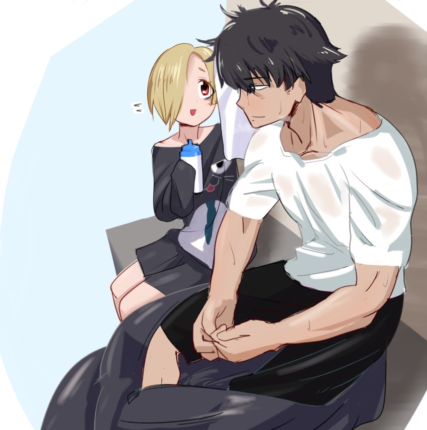 10s, 1boy, 1girl, :d, absurdres, bags_under_eyes, black_hair, blonde_hair