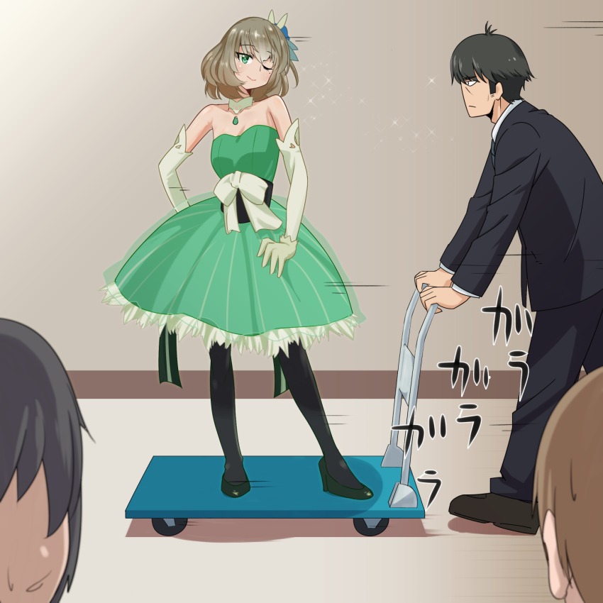 10s, 1girl, 3boys, ;), bare_shoulders, black_hair, black_pantyhose, brown_hair