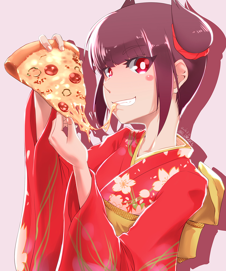 1girl, alternate_costume, black_hair, blush, blush_stickers, cheese, cheese_trail, eyebrows