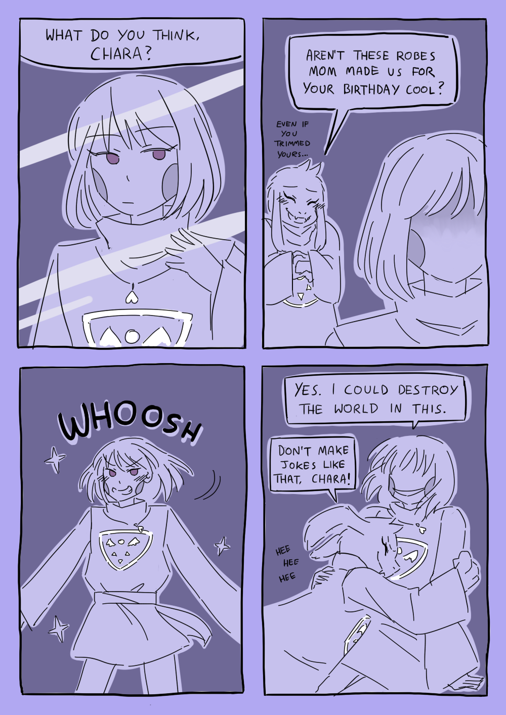 1boy, alternate_costume, androgynous, asriel_dreemurr, blush, blush_stickers, chara_(undertale), closed_eyes, comic, commentary, english_text, fangs, furry, furry_male, grin, heart, heart_necklace, highres, hug, jewelry, locket, mirror, monochrome, motion_lines, necklace, nochocolate, pendant, purple_theme, reflection, smile, sparkle, spoilers, undertale, utdr_(toby_fox)