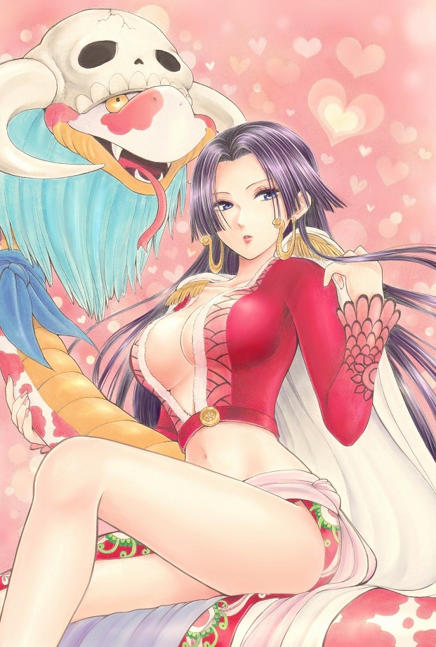 1girl, blue_eyes, boa_hancock, breasts, cleavage, earrings, female_focus, heart, heart_background, jewelry, jyan_borii, large_breasts, long_hair, midriff, nail_polish, navel, one_piece, pink_nails, purple_hair, sitting, skull, snake_earrings, solo