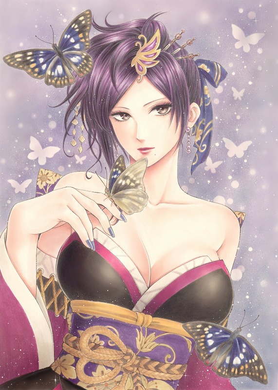 1girl, bare_shoulders, breasts, brown_eyes, bug, butterfly, butterfly_background, cleavage