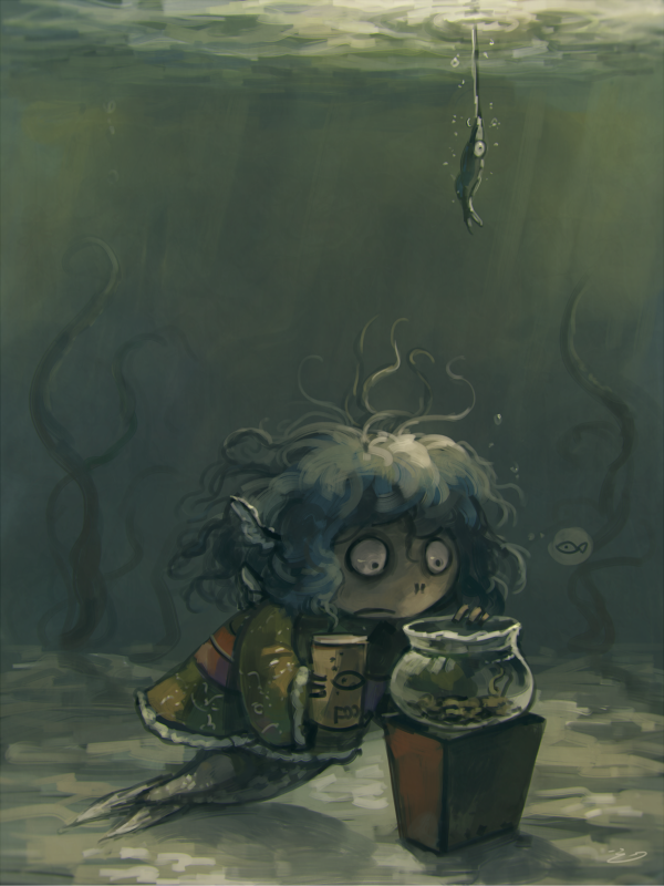 1girl, blue_hair, commentary, female_focus, fins, fish, fish_food, fishbowl