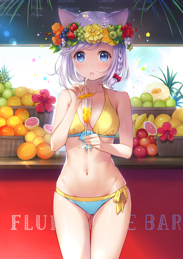 1girl, :o, animal_ears, banana, bare_arms, bare_legs, bare_shoulders, bikini
