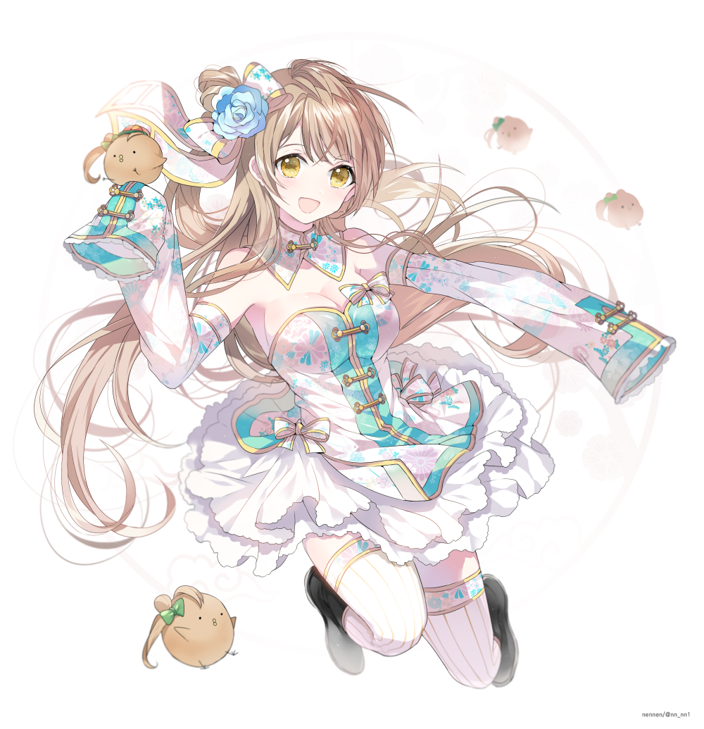 10s, 1girl, :d, bow, breasts, brown_eyes, brown_hair, china_dress