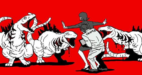 1boy, 1girl, black_hair, cowering, formal_clothes, gills, godzilla_(series), jurassic_park